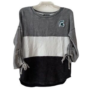 Gameday Couture Top w/ MSU Spartans Logo, Sz S, Gray/White Color Block
